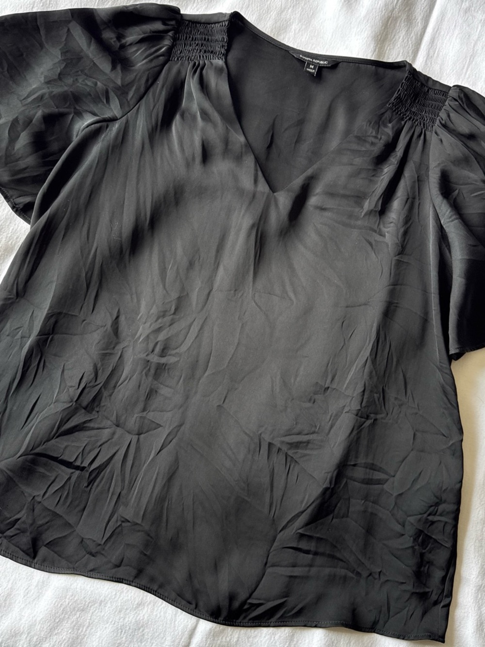 Black V-Neck Smocked Shoulder Top - Women